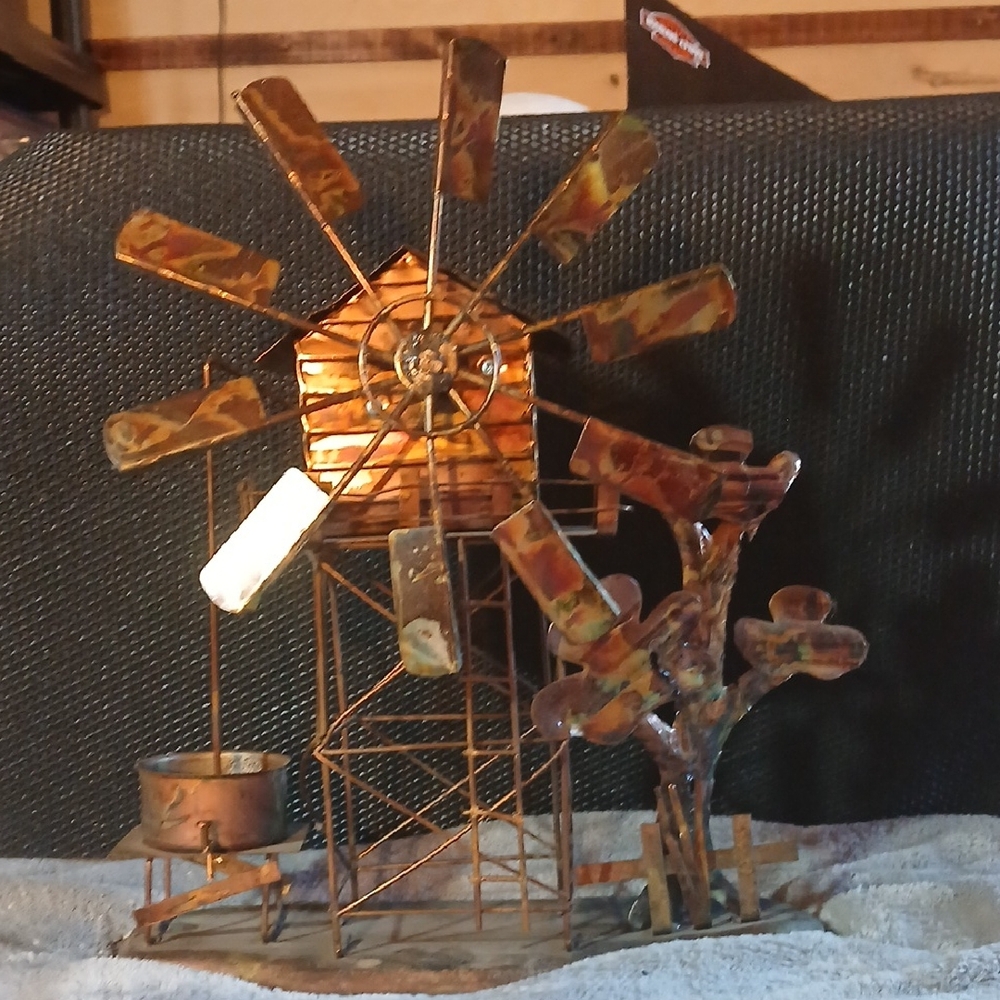 Vintage Rustic Copper Windmill Metal Sculpture - Home Art Decor